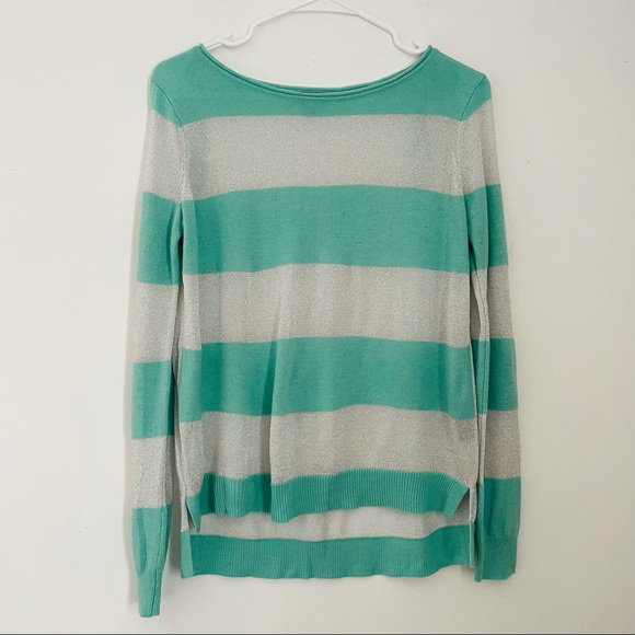VINCE CAMUTO Mint Green Sparkly Silver Striped Sweater - Size Small - Picture 3 of 16